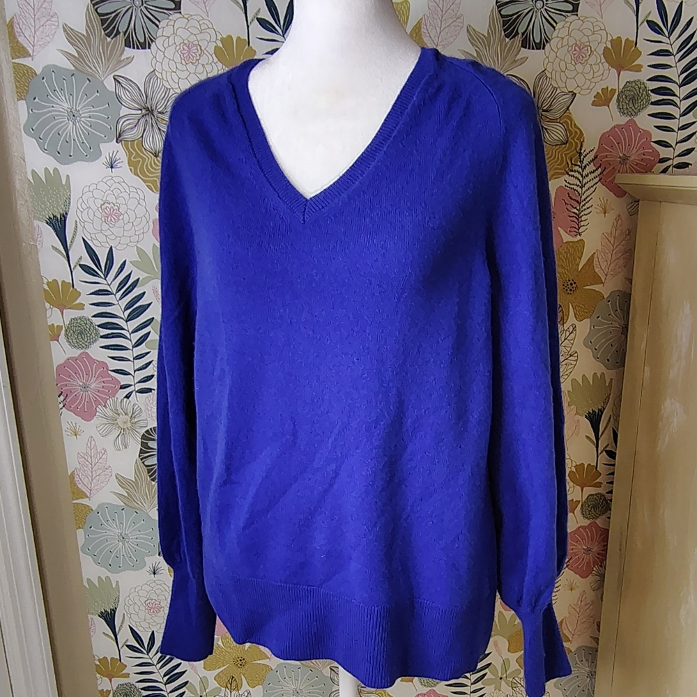 Lark&Ro Cashmere V-Neck Royal Blue Sweater Size L With Cuffed Sleeve